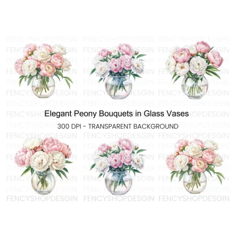 Pink and White Peonies in Glass Vases Clipart Bundle