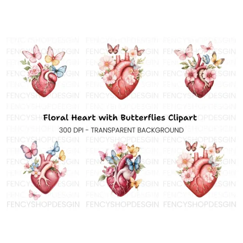 Anatomical Heart with Butterflies Clipart Bundle