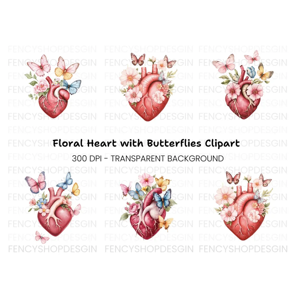 Anatomical Heart with Butterflies Clipart Bundle