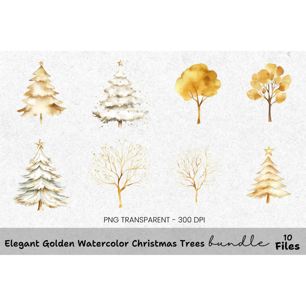 Elegant Gold and White Christmas Trees Clipart Bundle