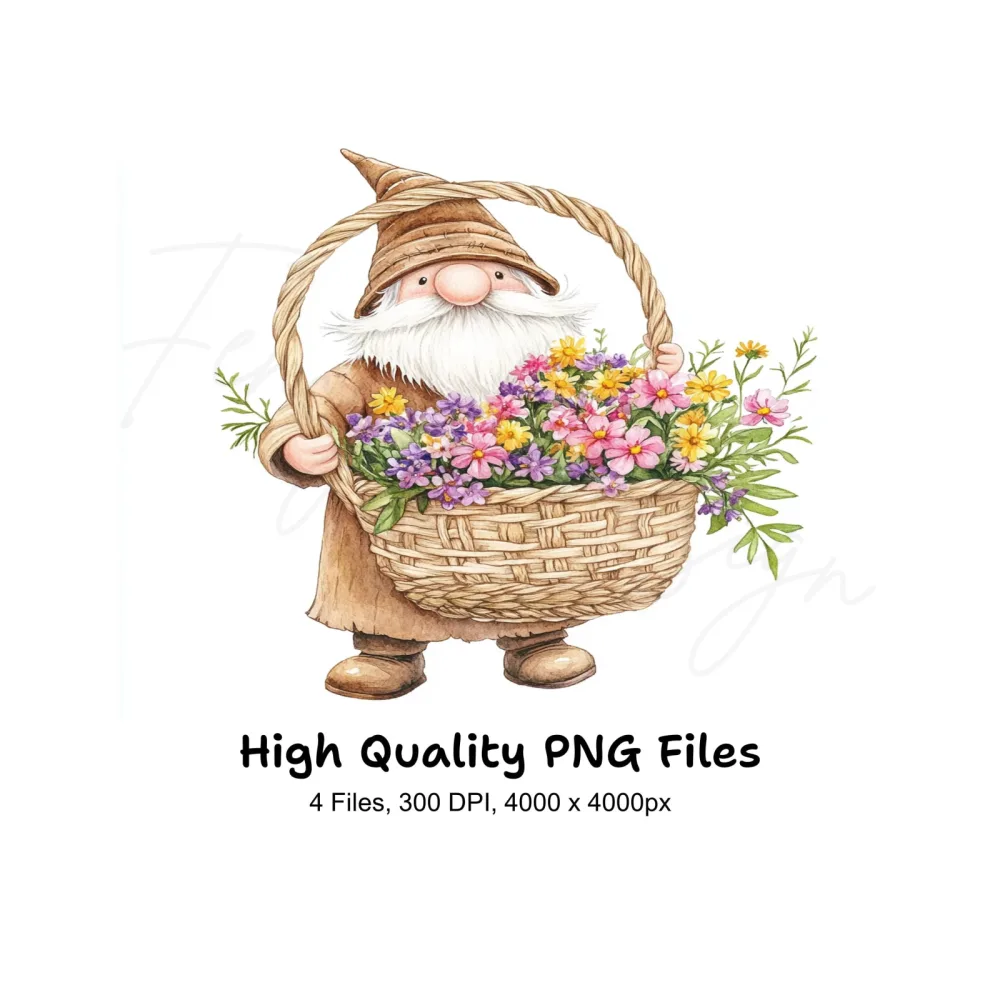 Spring Gnomes with Flower Baskets Clipart Bundle