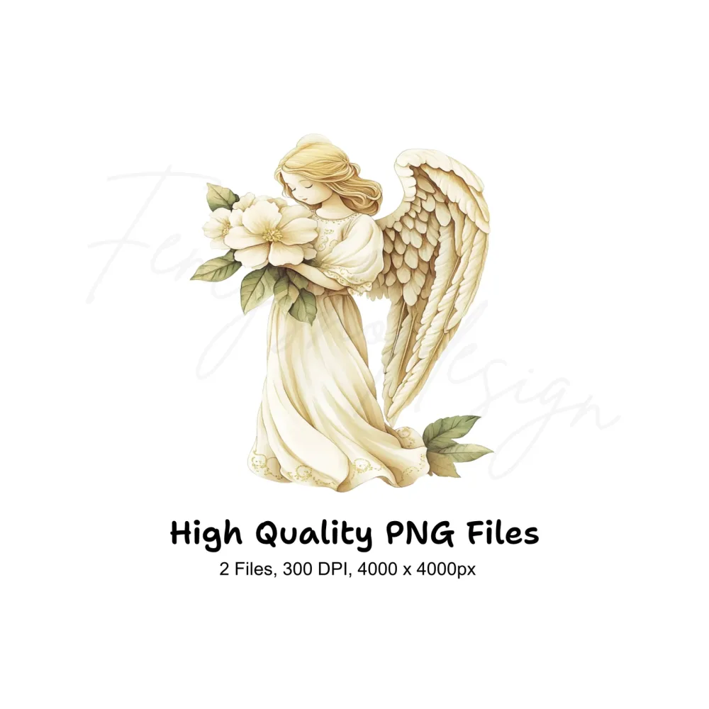 Elegant Angel with White Flowers Clipart Bundle