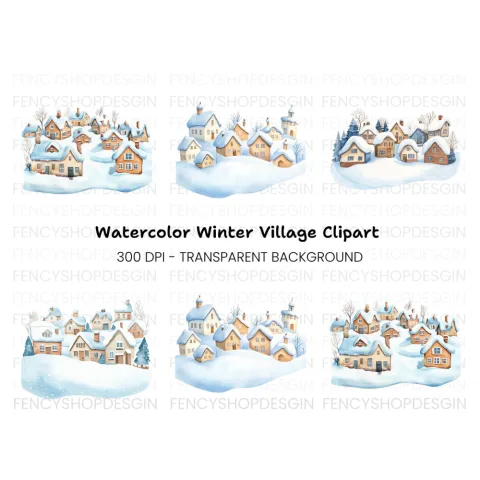 Snowy Winter Village Landscape Clipart Bundle