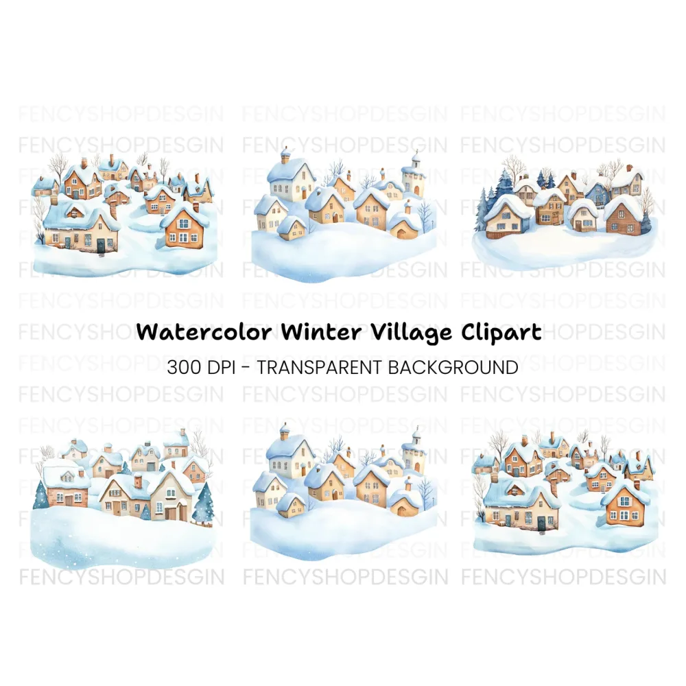Snowy Winter Village Landscape Clipart Bundle