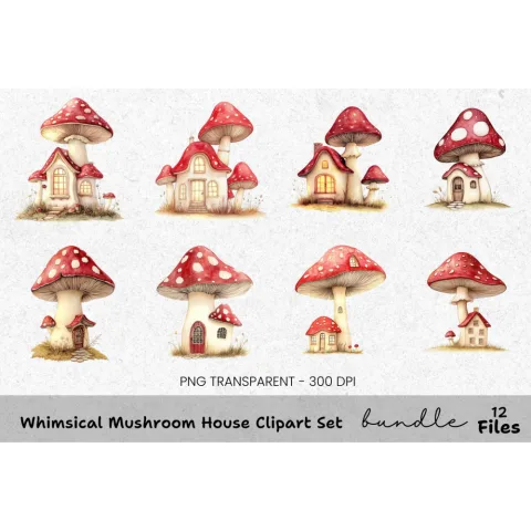 Whimsical Mushroom House Clipart Bundle