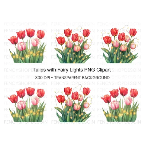 Tulip Bouquet with Fairy Lights Clipart Bundle