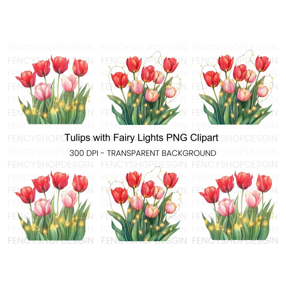 Tulip Bouquet with Fairy Lights Clipart Bundle