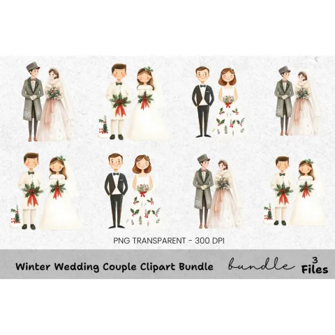 Winter Wedding Couple Clipart Bundle