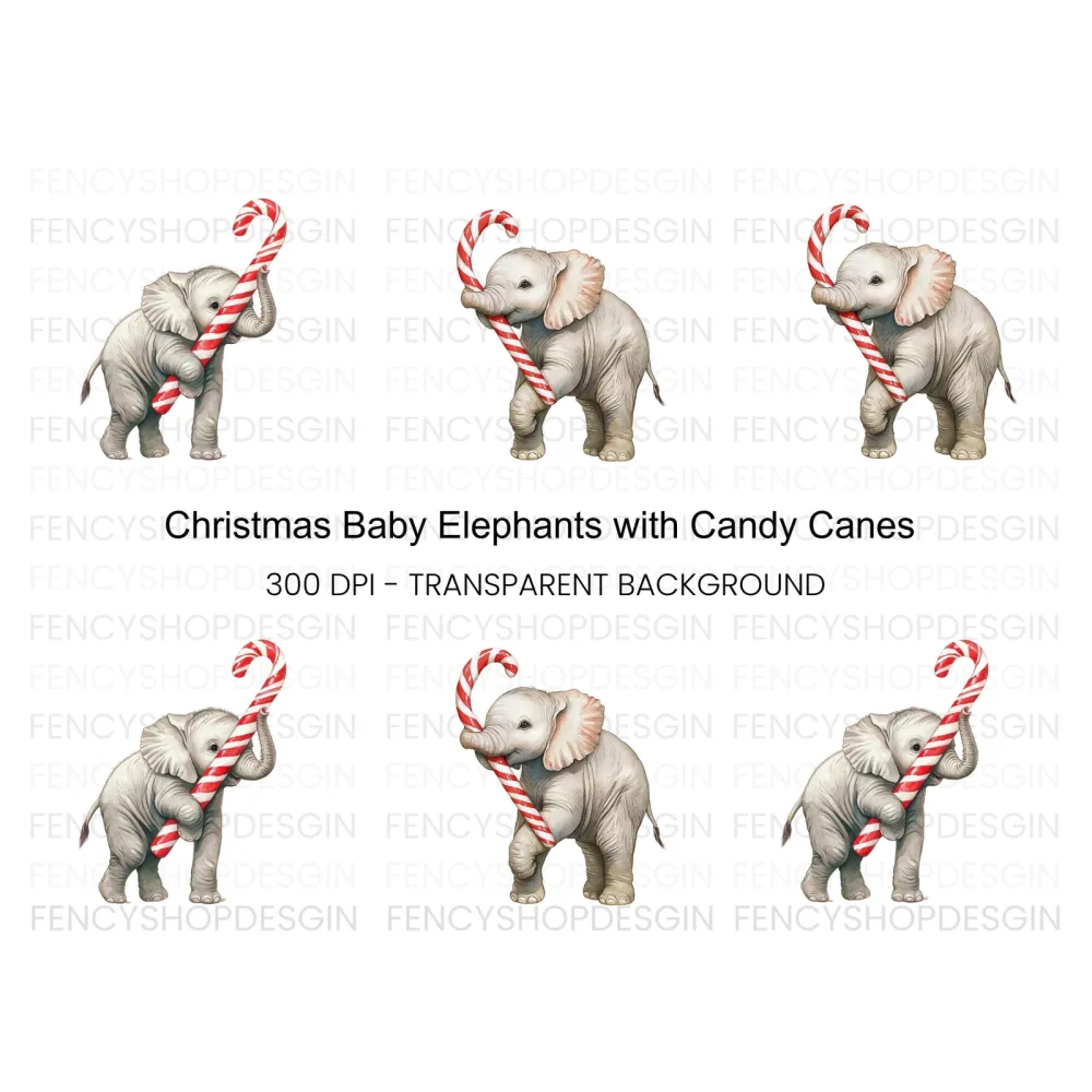 Christmas Elephant with Candy Cane Clipart Bundle