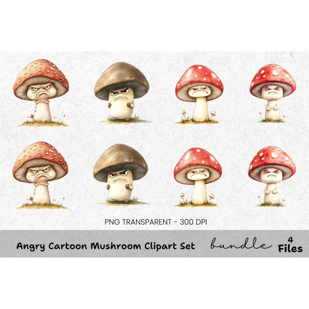 Angry Cartoon Mushroom Clipart Bundle
