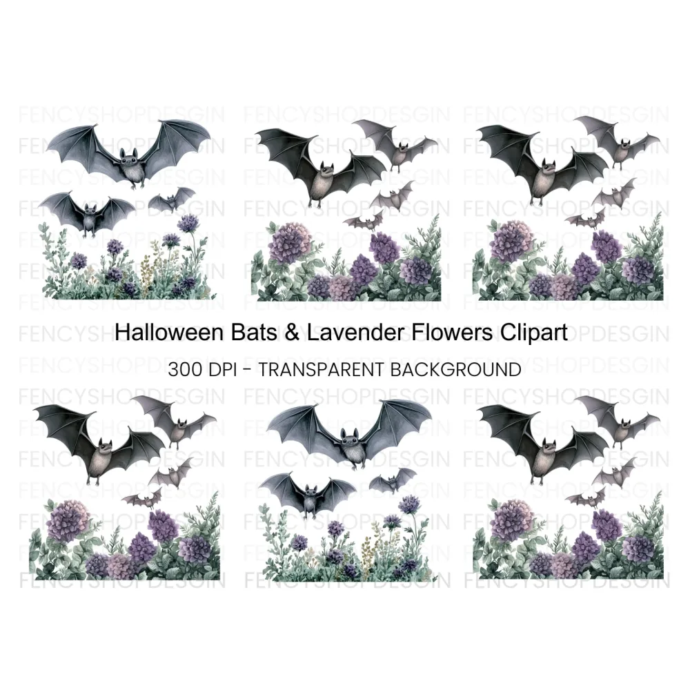 Spooky Bats and Flowers Clipart Bundle