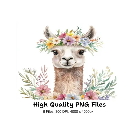 Charming Llama Portraits with Flower Crowns Clipart Bundle