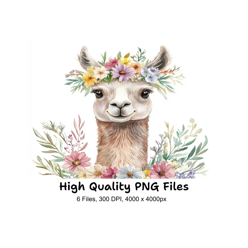 Charming Llama Portraits with Flower Crowns Clipart Bundle