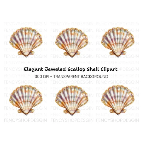 Ornate Scallop Shells with Jewels Clipart Bundle
