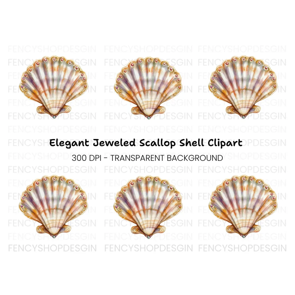 Ornate Scallop Shells with Jewels Clipart Bundle