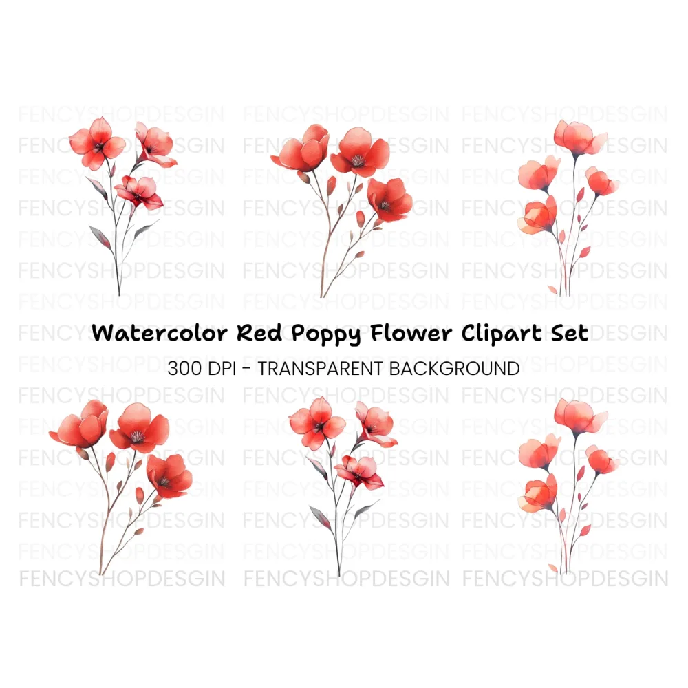 Delicate Red Flowers Clipart Bundle