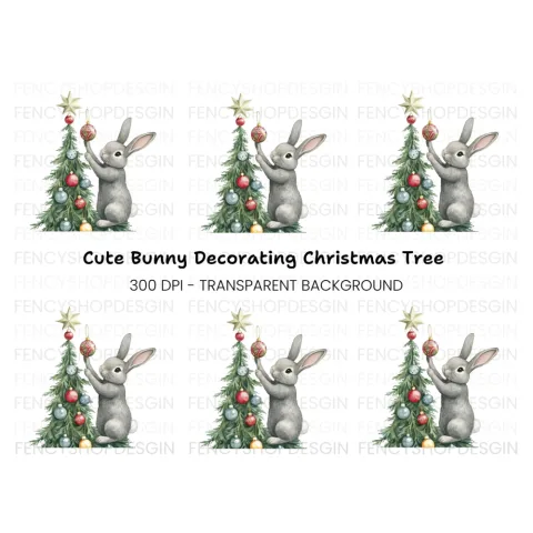 Gray Rabbit Holiday Tree Decorating Clipart Bundle