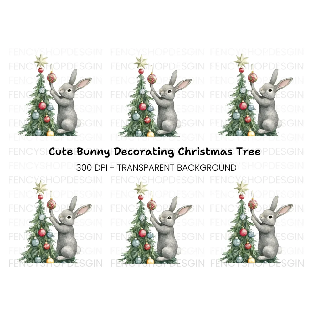 Gray Rabbit Holiday Tree Decorating Clipart Bundle