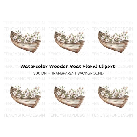 Small Wooden Boat with Pink Flowers Clipart Bundle