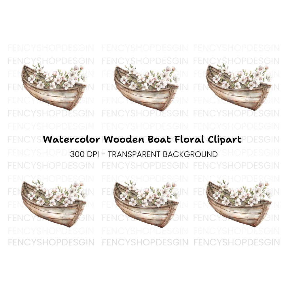 Small Wooden Boat with Pink Flowers Clipart Bundle