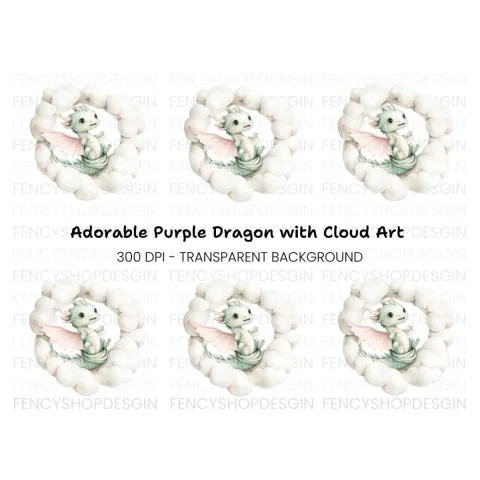 Sweet Green Baby Dragon in Clouds Clipart Bundle