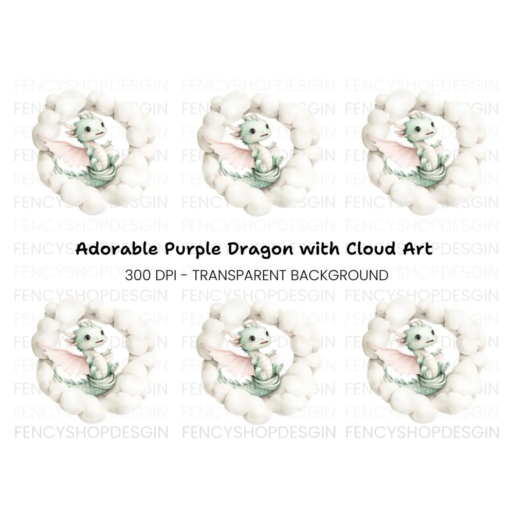 Sweet Green Baby Dragon in Clouds Clipart Bundle