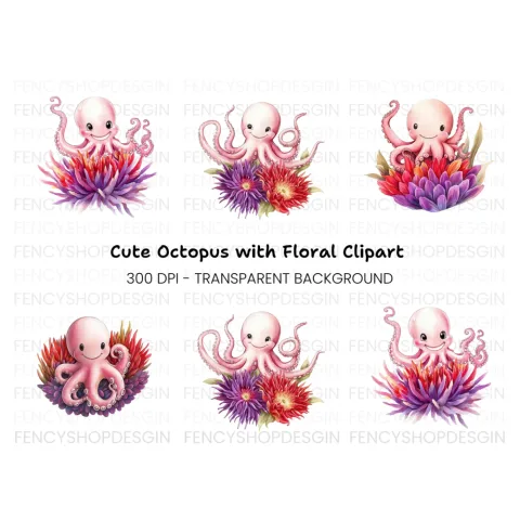 Happy Octopus with Flowers Clipart Bundle