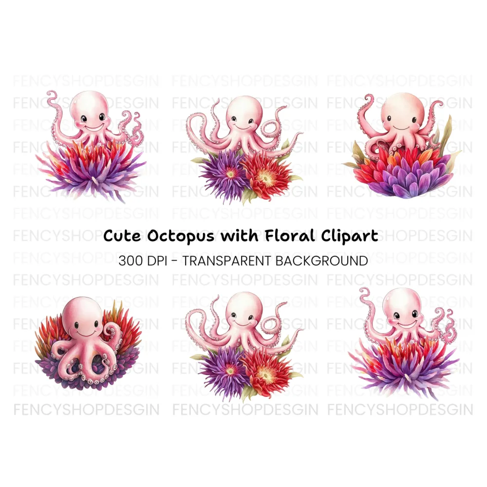 Happy Octopus with Flowers Clipart Bundle