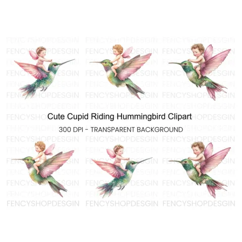 Adorable Cupid Riding Hummingbird Clipart Bundle