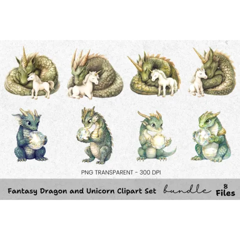 Fantasy Dragon and Unicorn Clipart Bundle