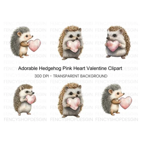 Hedgehogs Holding Pink Hearts Clipart Bundle