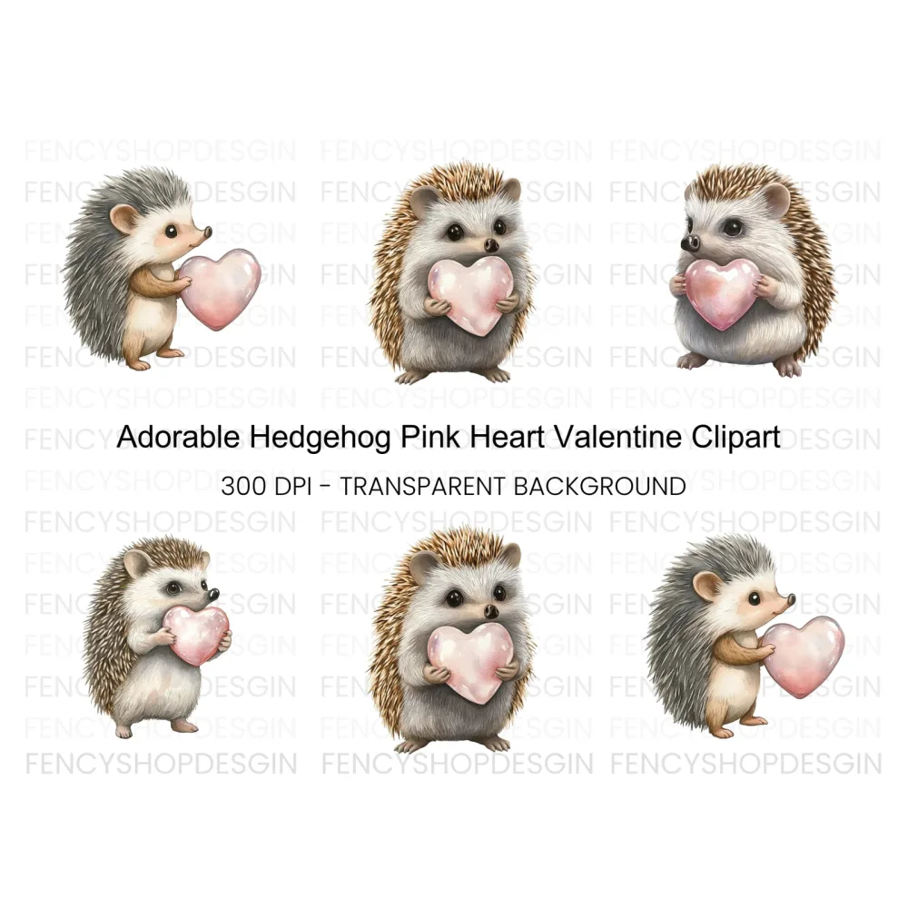 Hedgehogs Holding Pink Hearts Clipart Bundle