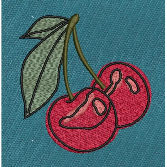 Twin Cherry Pair With Leaf Outline Red & Olive Embroidery Design