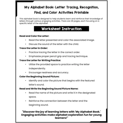 Preschool Alphabet Book Recognition Tracing Coloring