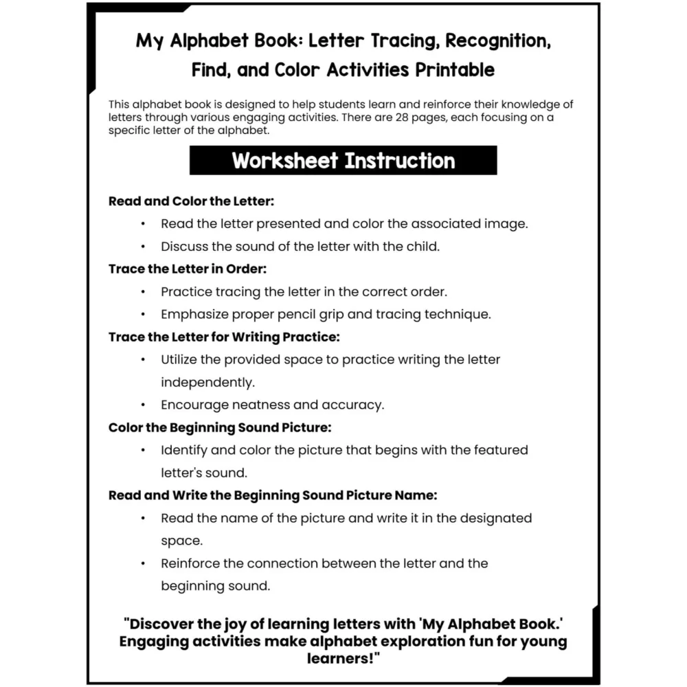 Preschool Alphabet Book Recognition Tracing Coloring