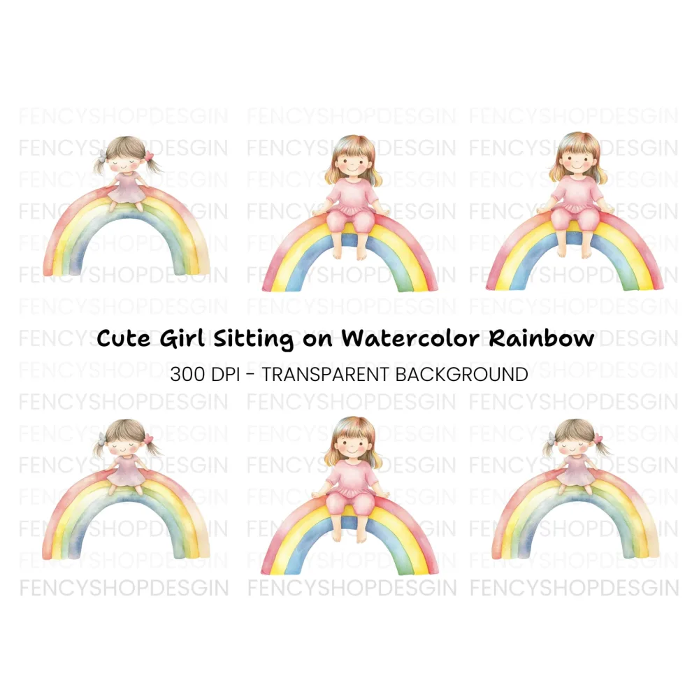 Sweet Girls on Rainbow Clipart Bundle