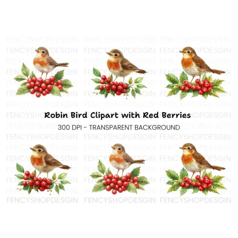 Robins with Holly Berries Clipart Bundle