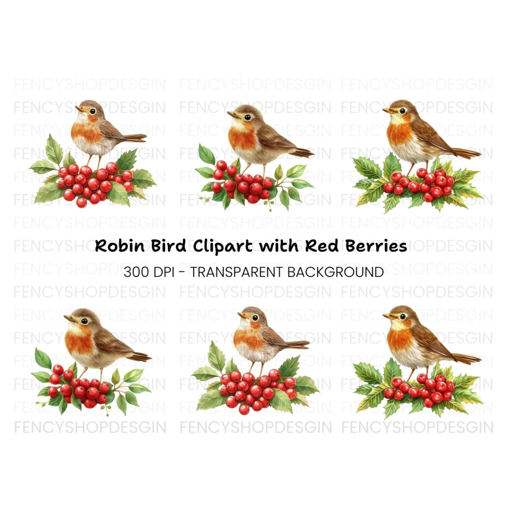 Robins with Holly Berries Clipart Bundle