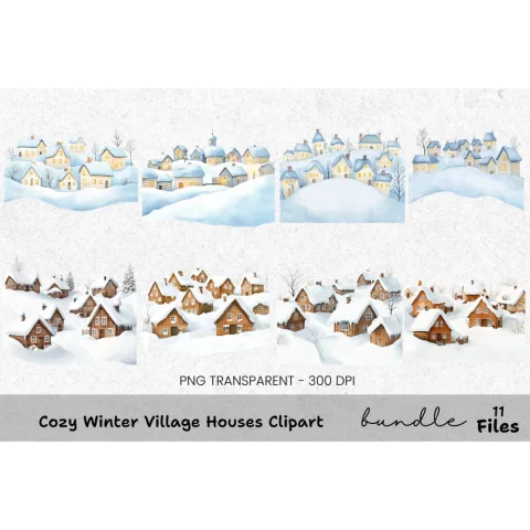 Cozy Winter Village Houses Clipart Bundle