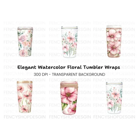Glittery Pink Floral Tumbler Designs Clipart Bundle