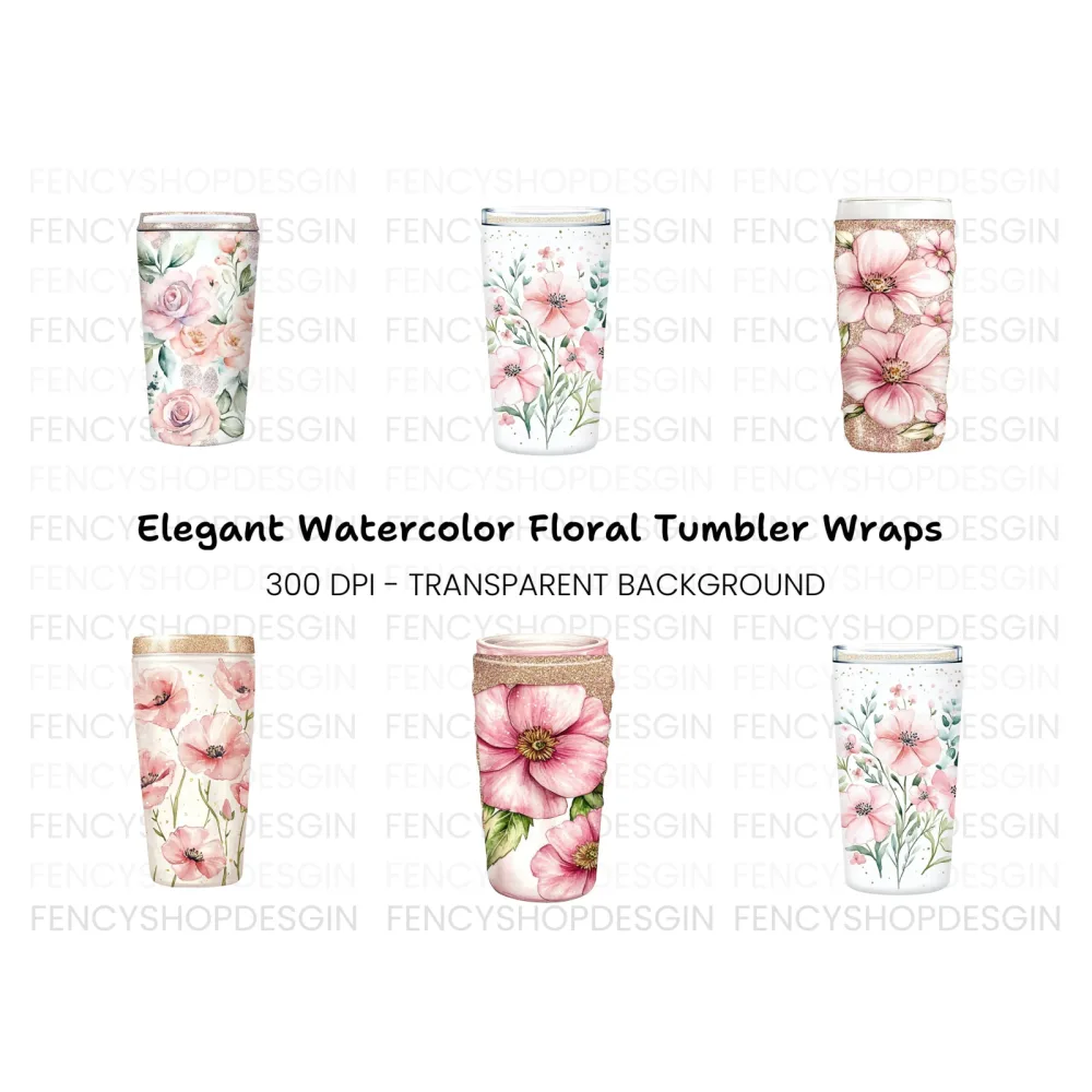 Glittery Pink Floral Tumbler Designs Clipart Bundle