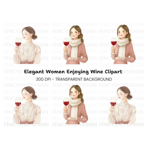Elegant Women Enjoying Red Wine Clipart Bundle