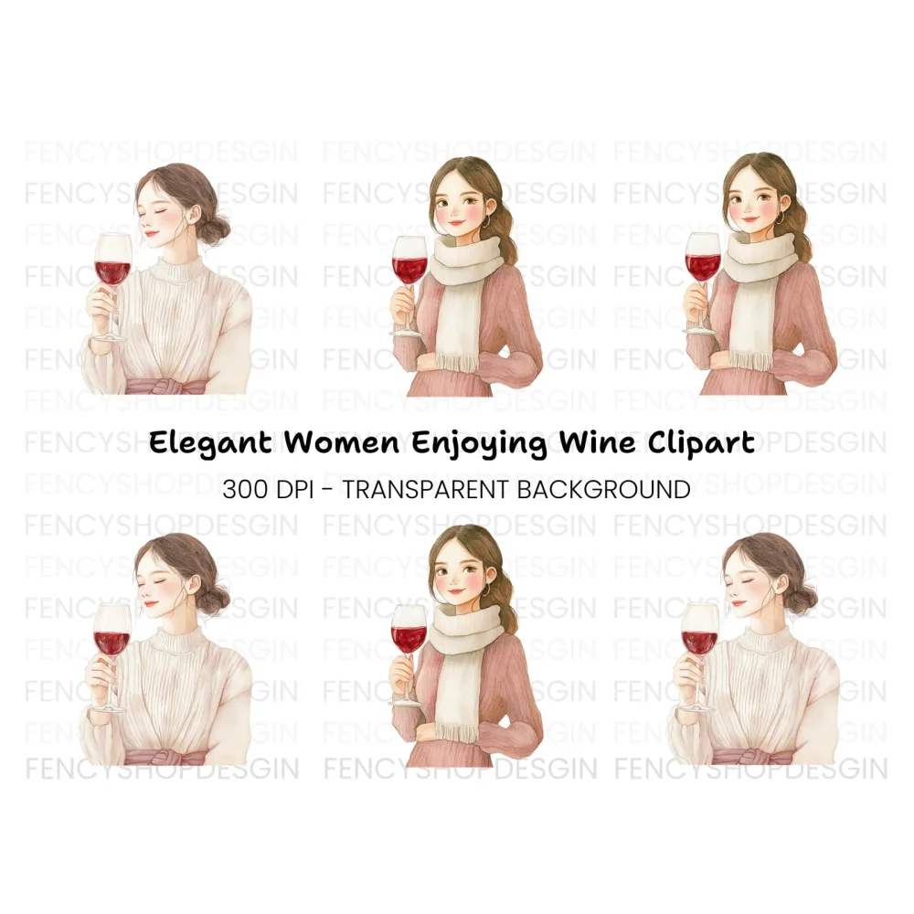 Elegant Women Enjoying Red Wine Clipart Bundle