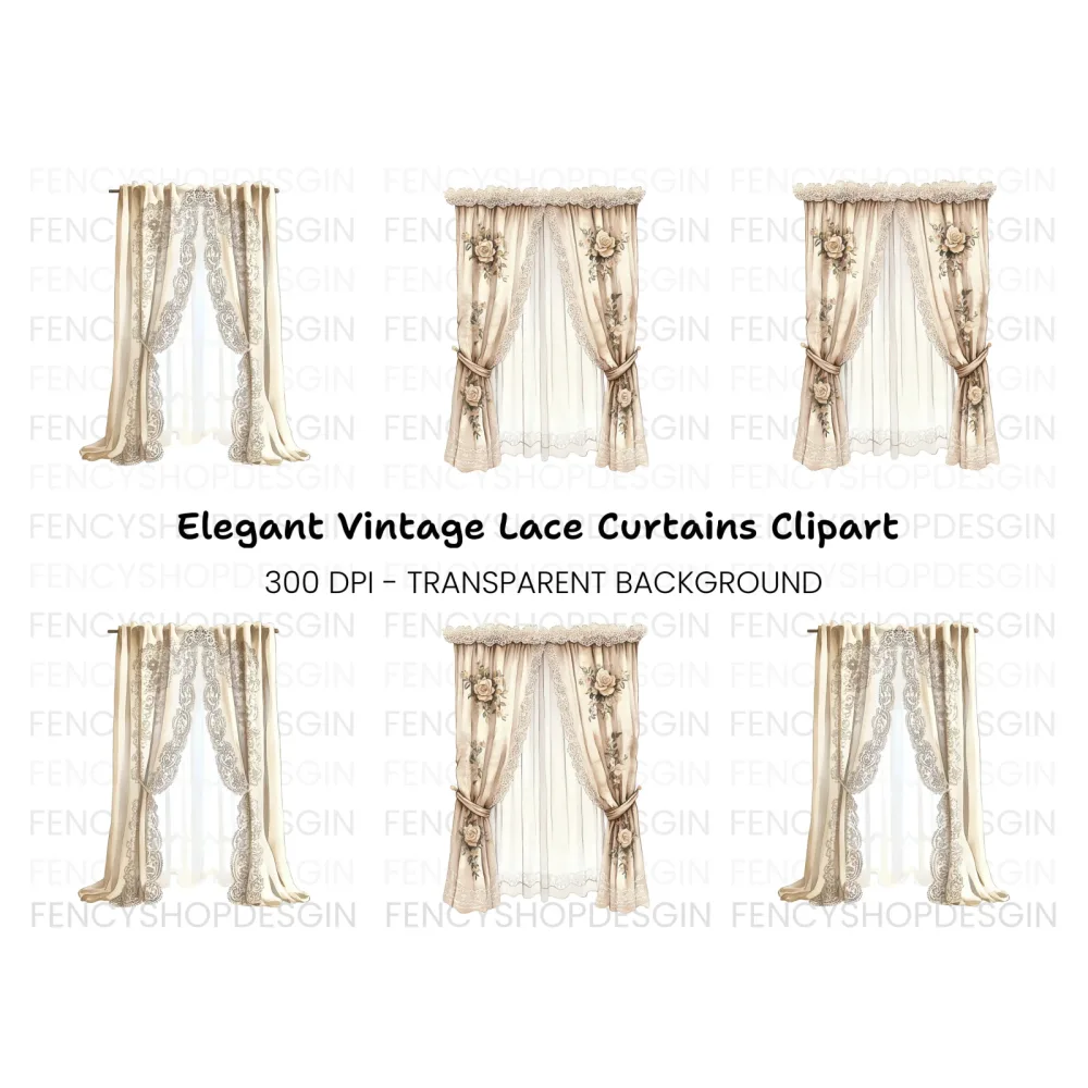 Vintage Floral Lace Curtain Clipart Bundle