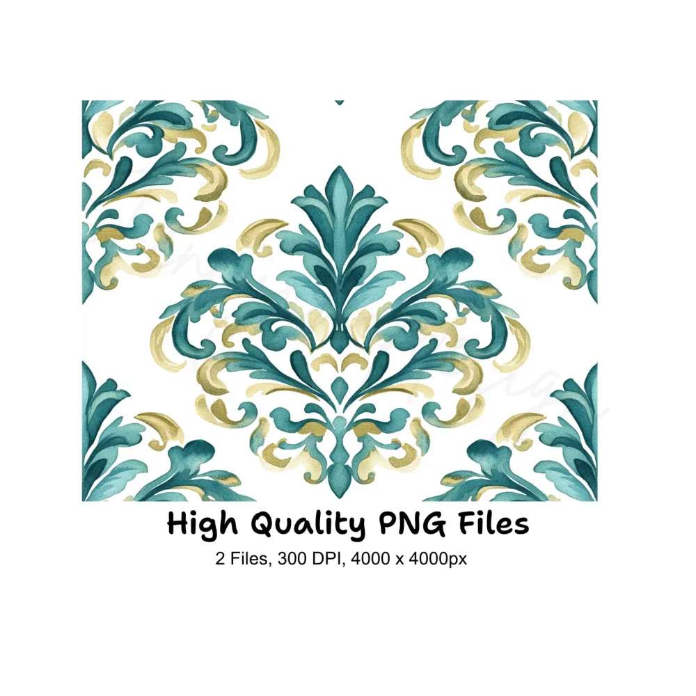 Elegant Teal Gold Damask Pattern Clipart Bundle