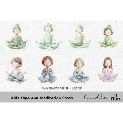Kids Yoga and Meditation Poses Clipart Bundle