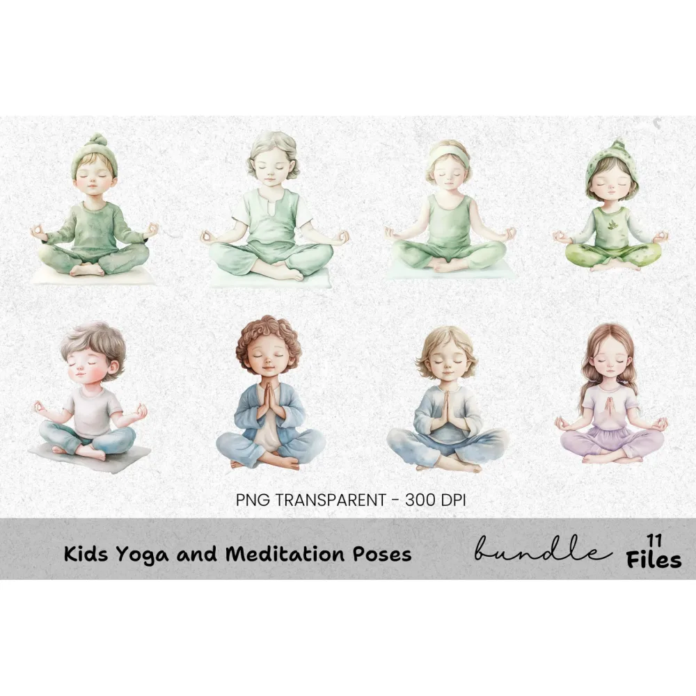 Kids Yoga and Meditation Poses Clipart Bundle