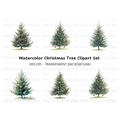 Festive Christmas Trees with Ornaments Clipart Bundle