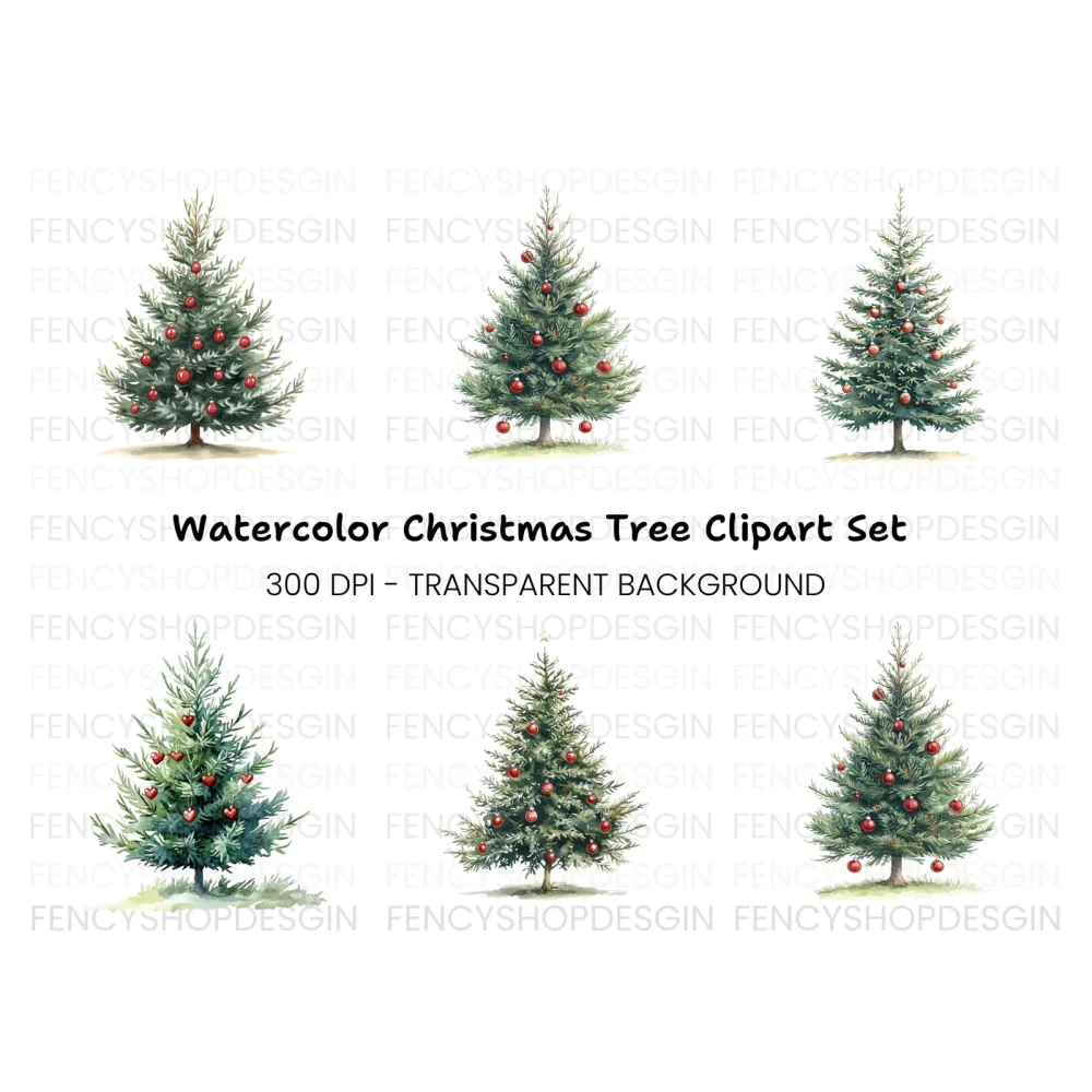 Festive Christmas Trees with Ornaments Clipart Bundle