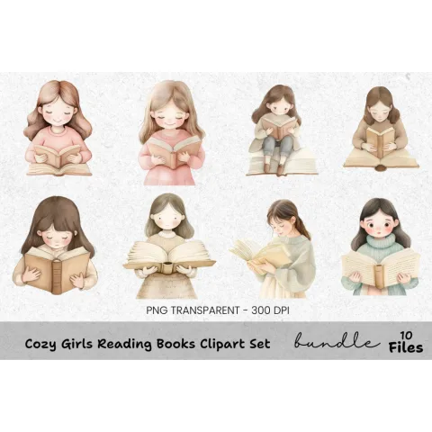 Cozy Girls Reading Books Clipart Bundle